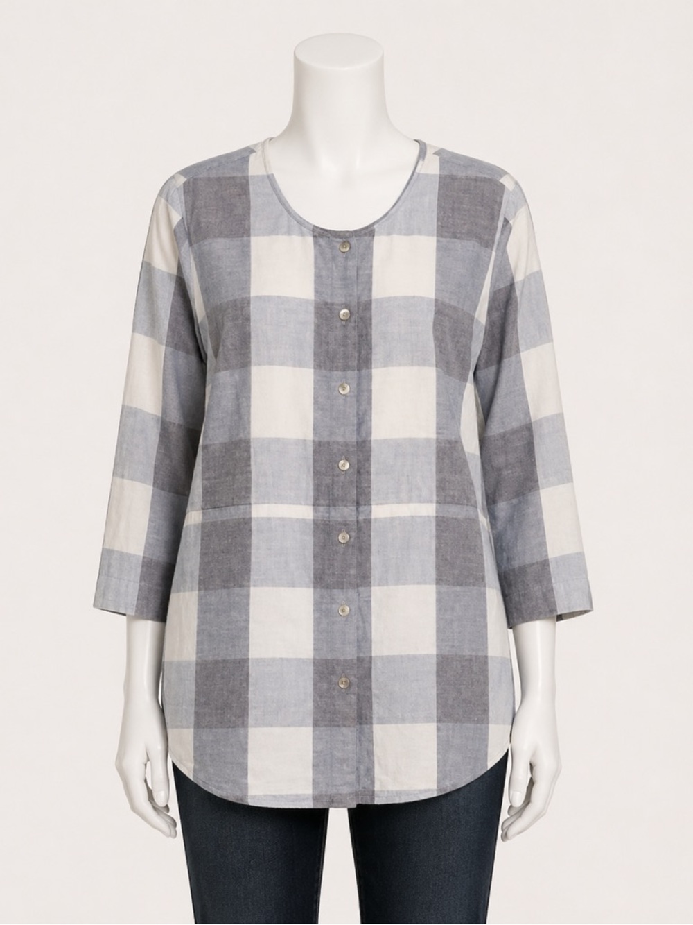 NWOT‎ Pendleton Malena Blue White Plaid Button Front 3/4 Sleeve Tunic Shirt L